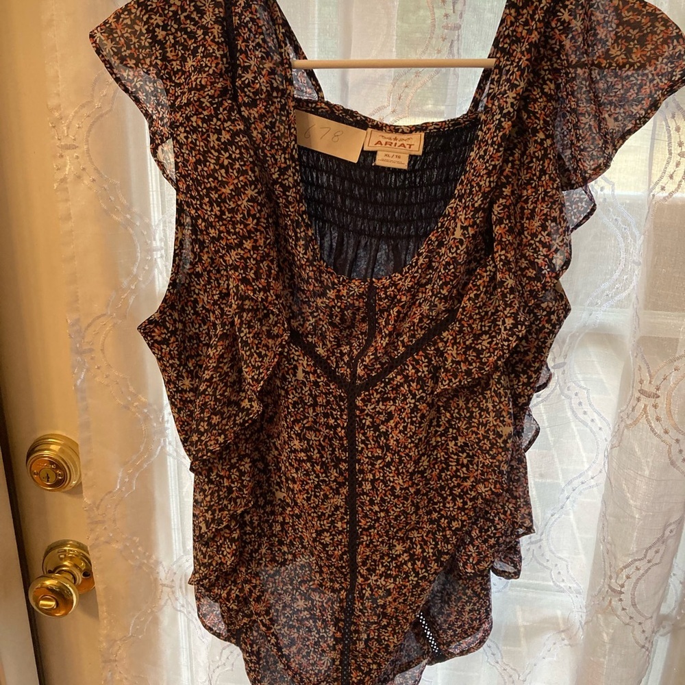 Ariat Floral Ruffle Blouse Navy Blue Flutter Sleeve Top Size XL